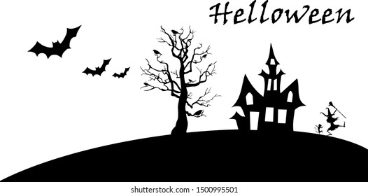 flying bats, crows in a tree with white background