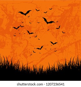 Flying bats decoration element happy Halloween party with grunge orange backround and grass. Vector illustrations. Template design