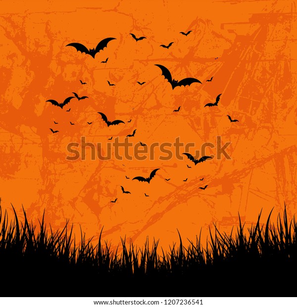 Flying bats decoration element happy Halloween\
party with grunge orange backround and grass. Vector illustrations.\
Template design