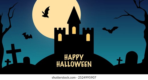 Flying bats and full moon in blue night sky, silhouette of scary castle among graveyard and text Happy Halloween.