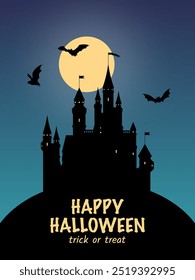 Flying bats and full moon in night blue sky, text Happy Halloween, trick or treat on the background of black scary castle. Vector design for greeting card, poster or banner for Halloween.