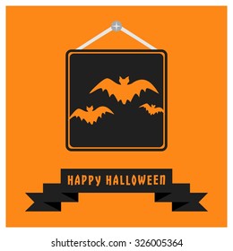 Flying bats group icon. Black Happy Halloween Ribbon Banner on Orange background. Vector illustration