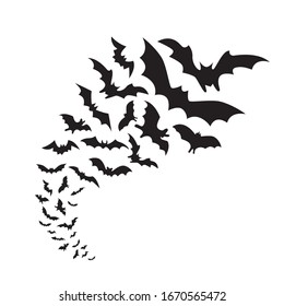 Flying bats group isolated on white background. Black night bat silhouettes 