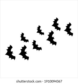 Flying bats group isolated on white background. Black night bat silhouettes. Halloween, horror, bat icon. Vector illustration, flat design.