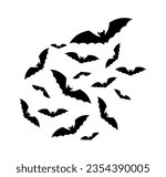 Flying bats. Halloween creepy swarm. Horror, spooky silhouettes of vampire. Flock of terrifying animal group. Vector illustration isolated on white background.