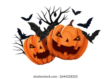 flying bats and horror halloween pumpkin faces,paper cut black trees decorative halloween festival concept banner,card and background design clip art vector illustration.
