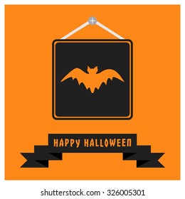 Flying bats icon. Black Happy Halloween Ribbon Banner on Orange background. Vector illustration