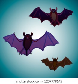 Flying bats isolated on light background. Set of bats, spooky, scary, halloween decor. Hand drawn silhouette, vector illustration