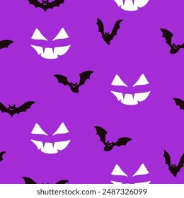 Flying bats and monster face seamless pattern. Halloween print. Great for textile, fabric, wallpaper, wrapping, scrapbook and packaging