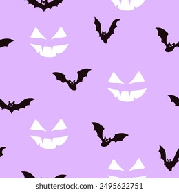 Flying bats and monster face seamless pattern. Halloween print. Great for textile, fabric, wallpaper, wrapping, scrapbook and packaging