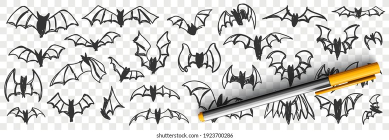 Flying bats at night doodle set