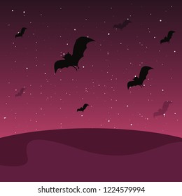 flying bats in the night landscape