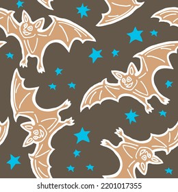 Flying bats at night with stars. Seamless happy Halloween vector pattern for background and backdrop, fabric print, textile design, party invitation, digital paper