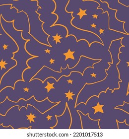 Flying bats at night with stars. Seamless happy Halloween vector pattern for background and backdrop, fabric print, textile design, party invitation, digital paper. Hand drawn line illustration.