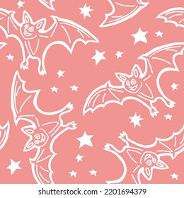 Flying bats at night with stars. Seamless happy Halloween vector pattern for background and backdrop, fabric print, textile design, party invitation, digital paper