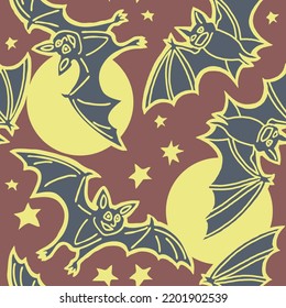 Flying bats at night with stars. Seamless happy Halloween vector pattern for background and backdrop, fabric print, textile design, party invitation, digital paper. Hand drawn illustration.