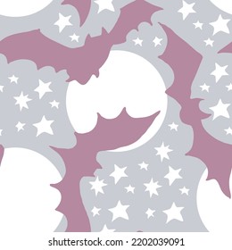 Flying bats at night with stars. Seamless happy Halloween vector pattern for background and backdrop, fabric print, textile design, party invitation, digital paper. Hand drawn illustration.