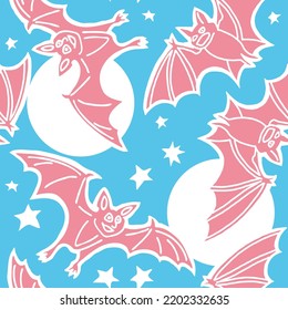 Flying bats at night with stars. Seamless happy Halloween vector pattern for background and backdrop, fabric print, textile design, party invitation, digital paper. Hand drawn illustration.