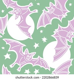 Flying bats at night with stars. Seamless happy Halloween vector pattern for background and backdrop, fabric print, textile design, party invitation, digital paper. Hand drawn illustration.