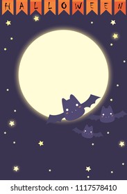 Flying bats on the night sky with full moon  and flags party in Halloween festival vector background.