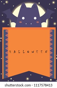 Flying bats on the night sky with full moon  and flags party in Halloween festival vector background.