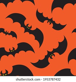 Flying bats on orange background for Halloween greetings. Seamless pattern. Vector illustration.