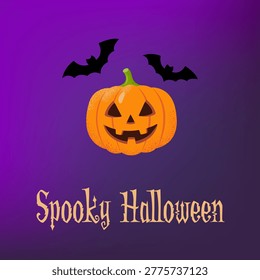ack-o’-lantern with flying bats on purple gradient background and spooky Halloween text, festive design.