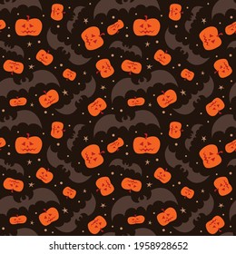 Flying bats and orange pumpkins on dark background for Halloween greetings. Seamless pattern. Vector illustration.
