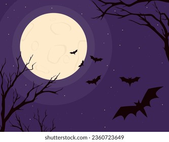 El concepto de volar murciélagos sobre la luna. Siluetas de animales con alas cerca de la luna. Fondo de Halloween y fondo de pantalla. El cielo estrellado y nocturno. Miedo y horror. Dibujo vectorial plano de dibujos animados