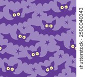 Flying bats seamless pattern. Cute Spooky vector Illustration. Halloween backgrounds and textures in flat cartoon gothic style. Black silhouettes animals on sky.