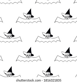 Flying bats seamless pattern. Cute outline vector illustration. Halloween background and texture in cartoon doodle gothic style
