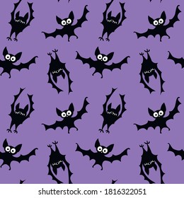 Flying bats seamless pattern. Cute Spooky vector Illustration. Halloween backgrounds and textures in flat cartoon gothic style. Black silhouettes animals on night sky