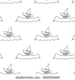 Flying bats seamless pattern. Cute outline vector illustration. Halloween background and texture in cartoon doodle gothic style