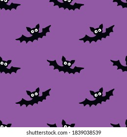 Flying bats seamless pattern. Cute Spooky vector Illustration. Halloween backgrounds and textures in flat cartoon gothic style. Black silhouettes animals on night sky