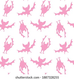 Flying bats seamless pattern. Cute Spooky vector Illustration. Halloween background and texture in cartoon style. Pink silhouettes animals on sky