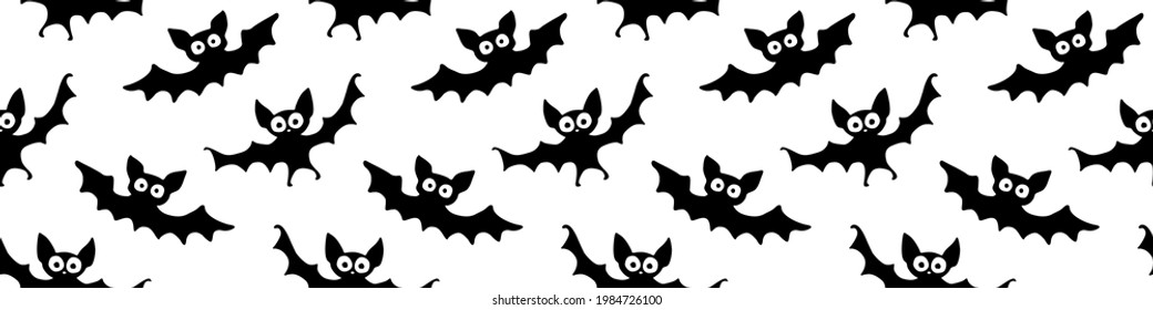 Flying bats seamless pattern. Cute Spooky vector Illustration. Halloween backgrounds and textures in flat cartoon gothic style. Black silhouettes animals on sky