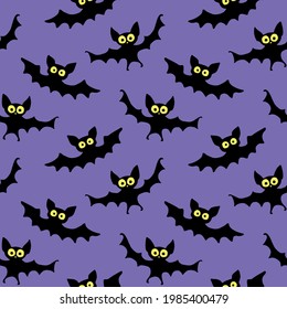 Flying bats seamless pattern. Cute Spooky vector Illustration. Halloween backgrounds and textures in flat cartoon gothic style. Black silhouettes animals on sky