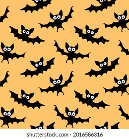 Flying bats seamless pattern. Cute Spooky vector Illustration. Halloween backgrounds and textures in flat cartoon gothic style. Black silhouettes animals