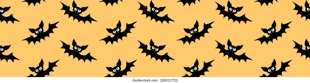 Flying bats seamless pattern. Cute Spooky vector Illustration. Halloween backgrounds and textures in flat cartoon gothic style. Black silhouettes animals on sky.