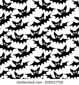 Flying bats seamless pattern. Cute Spooky vector Illustration. Halloween backgrounds and textures in flat cartoon gothic style. Black silhouettes animals on sky.