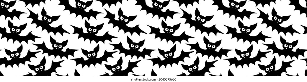 Flying bats seamless pattern. Cute Spooky vector Illustration. Halloween backgrounds and textures in flat cartoon gothic style. Black silhouettes animals on sky.