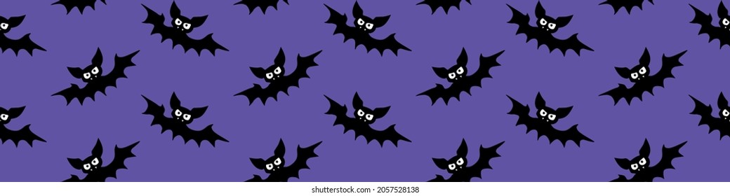 Flying bats seamless pattern. Cute Spooky vector Illustration. Halloween backgrounds and textures in flat cartoon gothic style. Black silhouettes animals on sky.