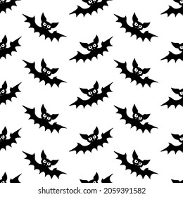 Flying bats seamless pattern. Cute Spooky vector Illustration. Halloween backgrounds and textures in flat cartoon gothic style. Black silhouettes animals on sky.