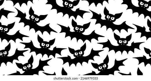 Flying bats seamless pattern. Cute Spooky vector Illustration. Halloween backgrounds and textures in flat cartoon gothic style. Black silhouettes animals on sky.