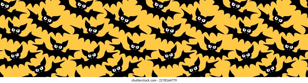 Flying bats seamless pattern. Cute Spooky vector Illustration. Halloween backgrounds and textures in flat cartoon gothic style. Black silhouettes animals on sky.