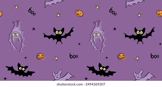 Flying bats seamless pattern. Cute creepy vector Illustration. Happy Halloween backgrounds and textures in flat cartoon doodle style