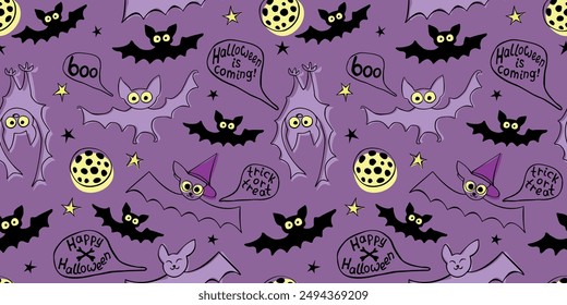 Flying bats seamless pattern. Cute creepy vector Illustration. Happy Halloween backgrounds and textures in flat cartoon doodle style