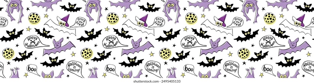 Flying bats seamless pattern. Cute creepy vector Illustration. Happy Halloween backgrounds and textures in flat cartoon doodle style