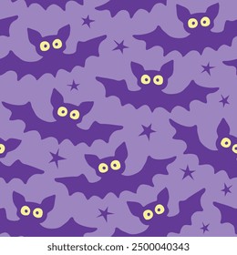 Flying bats seamless pattern. Cute Spooky vector Illustration. Halloween backgrounds and textures in flat cartoon gothic style. Black silhouettes animals on sky.