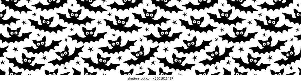 Flying bats seamless pattern. Cute Spooky vector Illustration. Halloween backgrounds and textures in flat cartoon gothic style. Black silhouettes animals on sky.